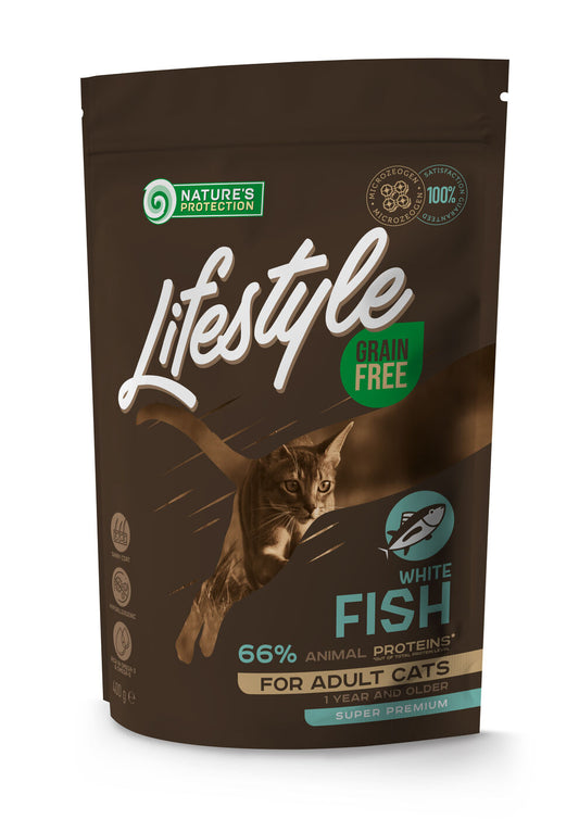 Nature's Protection Lifestyle сухой беззерновой корм для взрослых кошек, с белой рыбой